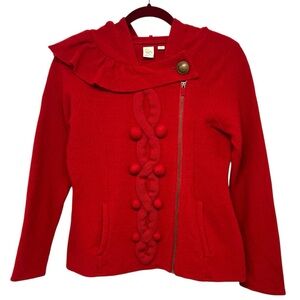 Anthropologie Yellow Bird Red Wool Bauble Zip Front Hooded Jacket Women Medium
